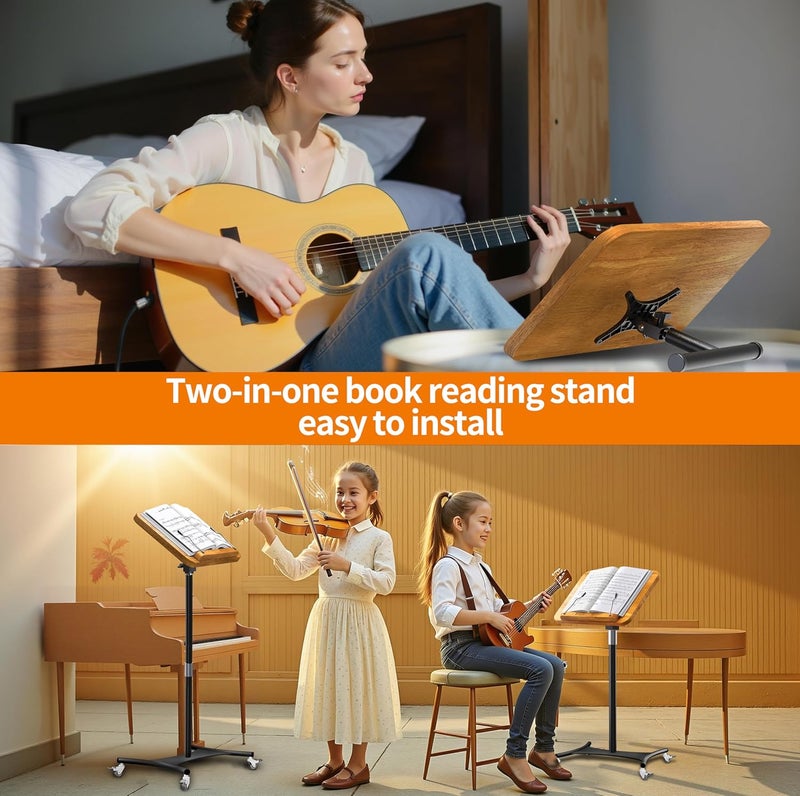 NAMON Music Stand for Sheet Music with Locking Wheels, Portable Rolling Music Stand Adjustable Height & Angle, Large Solid Wood Panel with Page Paper Clip, Ideal for Violin Guitar Piano Players - Image 2